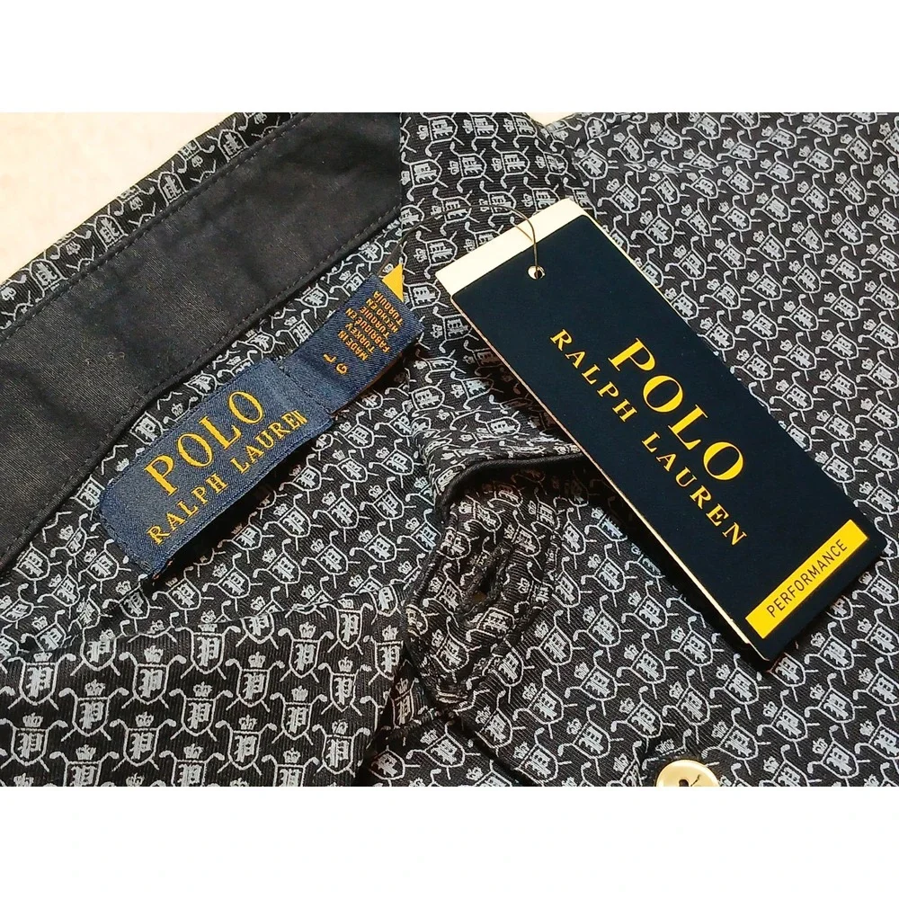 NWT Polo Ralph Lauren Mens Large L Navy Blue Geometric Micro Print Polo Shirt